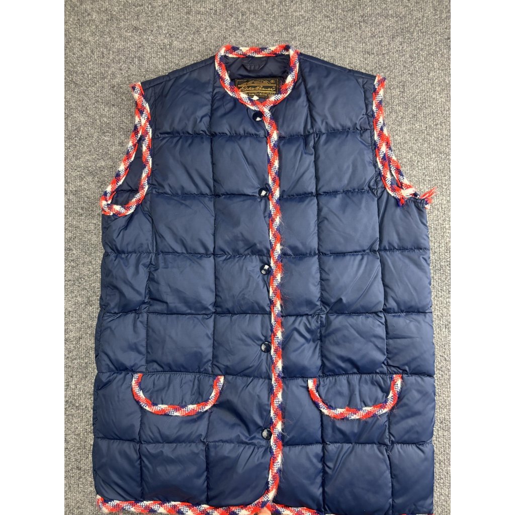 Vintage Eddie Bauer Vest Mens Medium Blue Goose Down Quilted Snap Pockets Trim